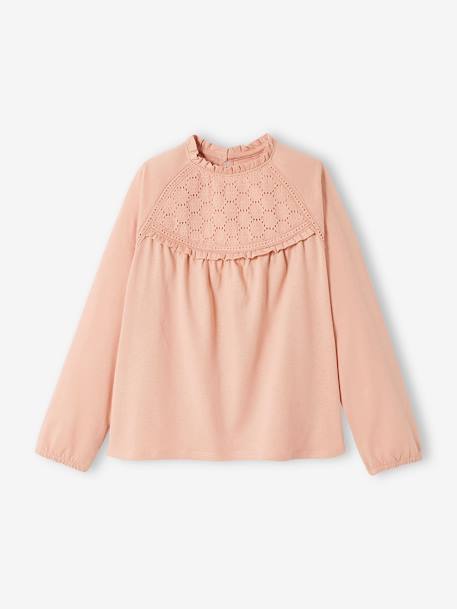 Tee-shirt blouse détail en broderie anglaise fille écru+rose poudré+vert foncé+vieux rose 6 - vertbaudet enfant 