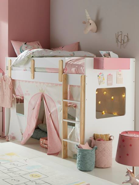 Lit mezzanine mi-hauteur enfant LIGNE EVEREST blanc/bois+kaki+Rose 3 - vertbaudet enfant 