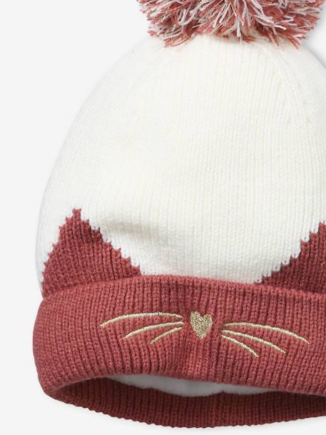 Bonnet brodé chat en maille côtelée rose foncé 2 - vertbaudet enfant 