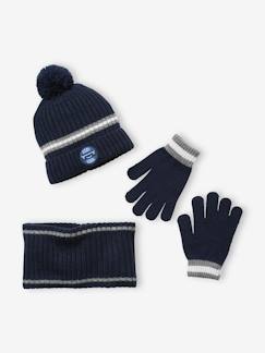 -Ensemble garçon bonnet + snood + gants en maille côtelée BASICS