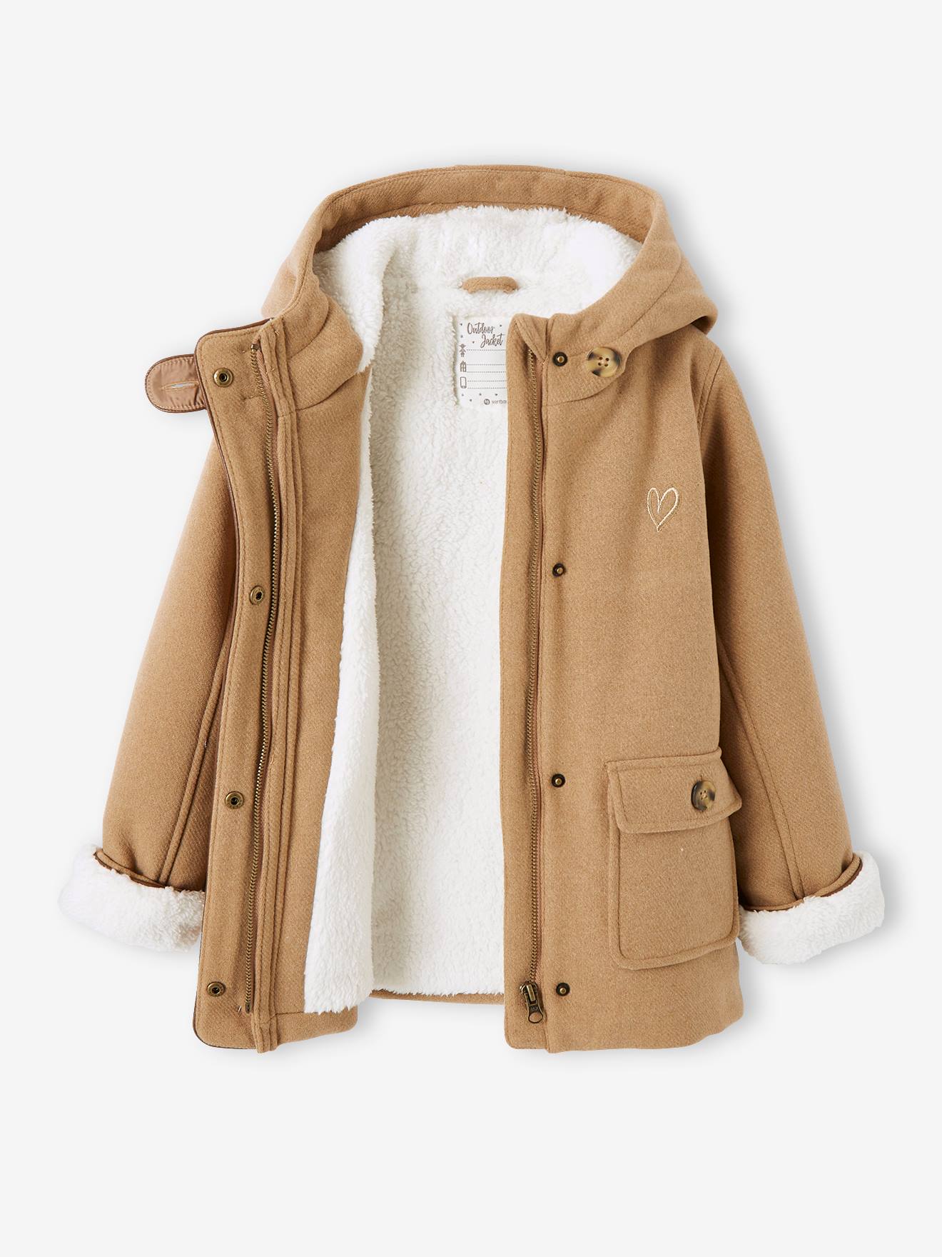 Manteau capuche en drap de laine fille doubl sherpa chamois