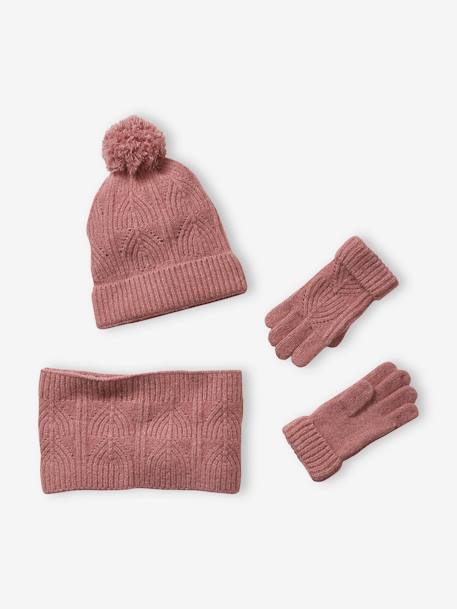 Ensemble bonnet + snood + moufles en maille torsadée mousseuse bleu grisé+ROSE 8 - vertbaudet enfant 