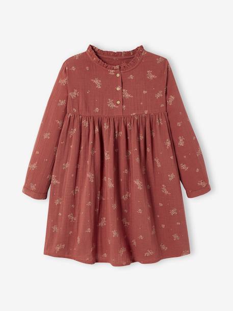 Robe en gaze de coton détails fantaisie fille beige+bordeaux imprimé+rouge+vert imprimé 5 - vertbaudet enfant 