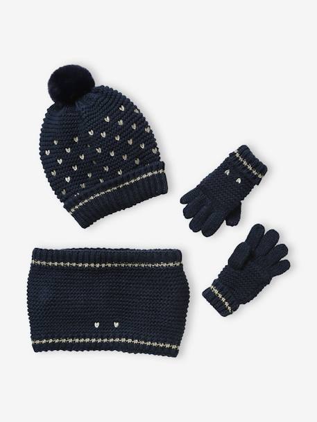 Ensemble bonnet + snood + gants coeurs fille encre imprimé 3 - vertbaudet enfant 