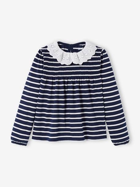 T-shirt blouse col en broderie anglaise fille marine rayé+rose poudré 3 - vertbaudet enfant 