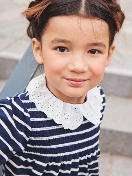 T-shirt blouse col en broderie anglaise fille marine rayé+rose poudré 1 - vertbaudet enfant 