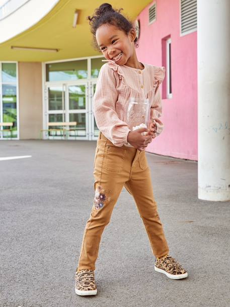 Pantalon slim brodé fleurs fille taille haute caramel+vert 1 - vertbaudet enfant 