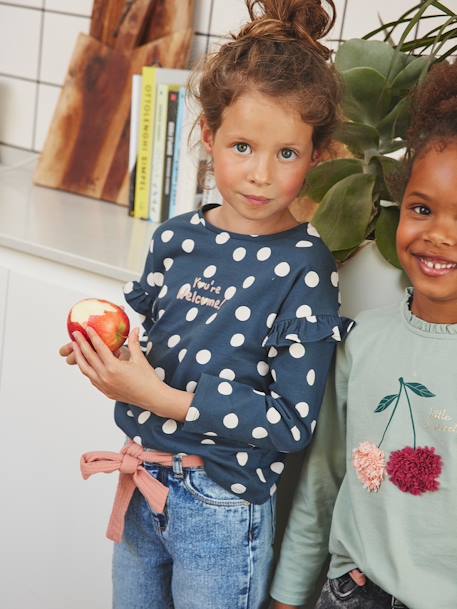 Tee-shirt à message manches volantées fille bleu à pois+noisette 1 - vertbaudet enfant 