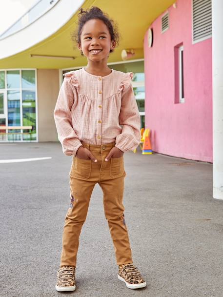 Pantalon slim brodé fleurs fille taille haute caramel 2 - vertbaudet enfant 