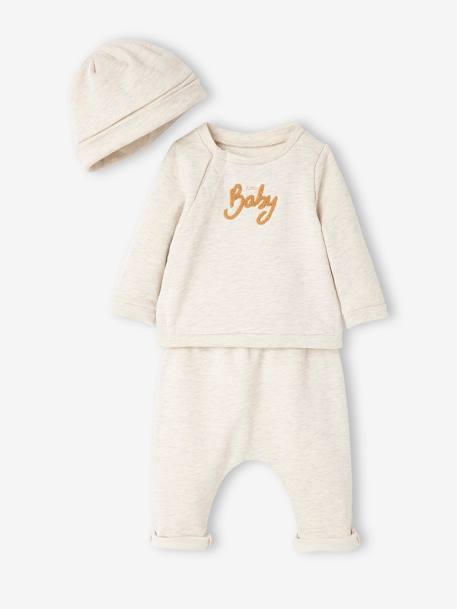 Ensemble bébé 3 pièces en molleton naissance beige chiné+rose poudré 2 - vertbaudet enfant 