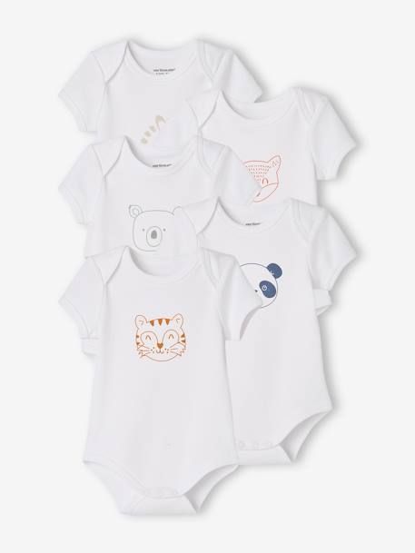 Lot de 5 bodies « animaux » bébé naissance ouverture US manches courtes BASICS lot blanc 1 - vertbaudet enfant 