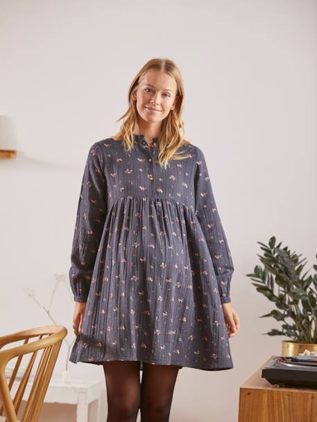 Robe imprimée gaze de coton grossesse et allaitement Gris avec motif+Noir à pois+Vert 2 - vertbaudet enfant 