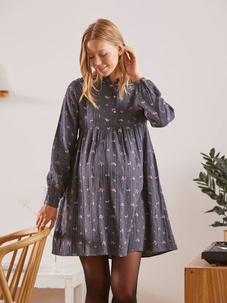 Robe imprimée gaze de coton grossesse et allaitement Gris avec motif+Noir à pois+Vert 1 - vertbaudet enfant 