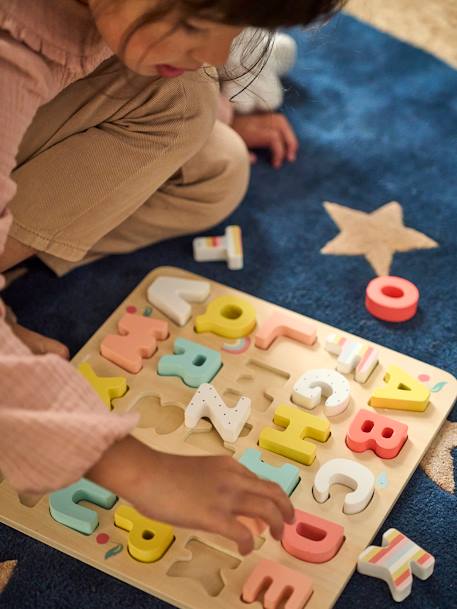 Puzzle lettres à encastrer en bois FSC® multicolore+ROSE CLAIR UNI AVEC DECOR 7 - vertbaudet enfant 