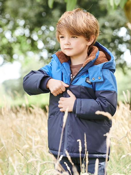 Parka technique à capuche garçon doublée fausse fourrure BLEU ELECTRIQUE+chaudron 1 - vertbaudet enfant 