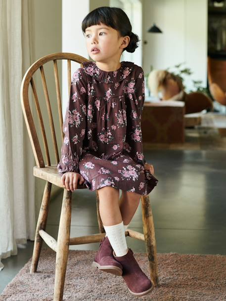 Robe à collerette imprimée fleurs fille dark prune imprimé 1 - vertbaudet enfant 