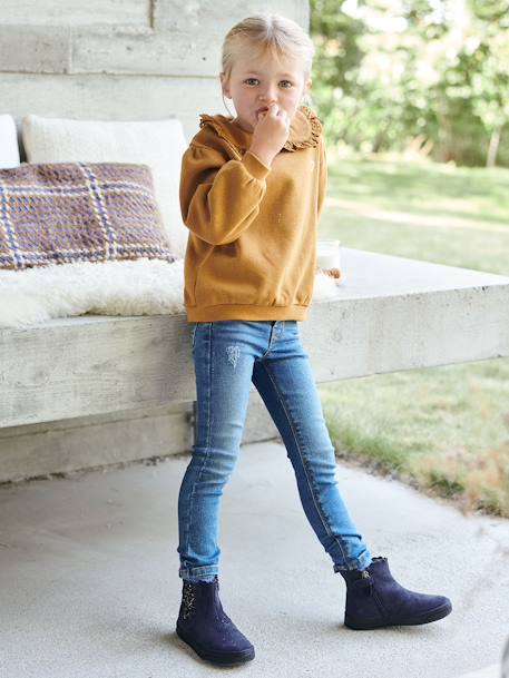 Jean slim MorphologiK 'waterless' fille tour de hanches MEDIUM avec usures BLEU FONCE DELAVE+Brut+denim black 6 - vertbaudet enfant 