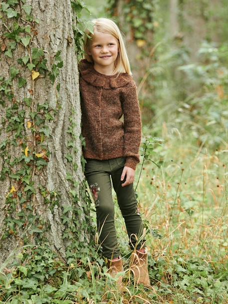 Pantalon slim brodé fleurs fille taille haute caramel+vert 10 - vertbaudet enfant 