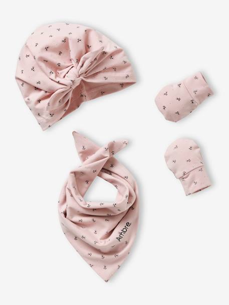 Ensemble bonnet + moufles + foulard bébé fille en maille imprimée personnalisable bois de rose 11 - vertbaudet enfant 