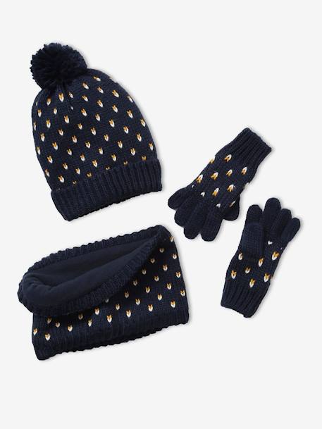 Ensemble bonnet + snood + gants coeurs fille BASICS encre imprimé+Rose 1 - vertbaudet enfant 