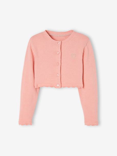 Gilet boléro fille en maille pointelle bleu grisé+écru+rose bonbon 15 - vertbaudet enfant 