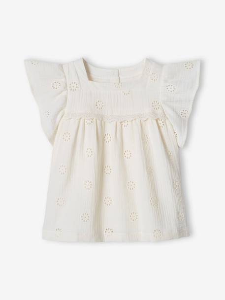 Blouse en gaze de coton brodée fleurs fille écru+mauve 1 - vertbaudet enfant 