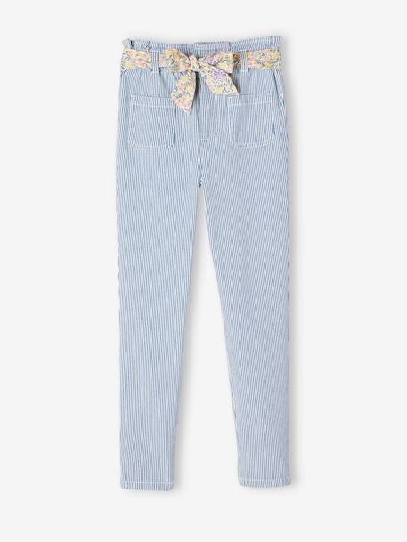 Pantalon paperbag rayé fille et sa ceinture imprimée fleurs rayé bleu 1 - vertbaudet enfant 