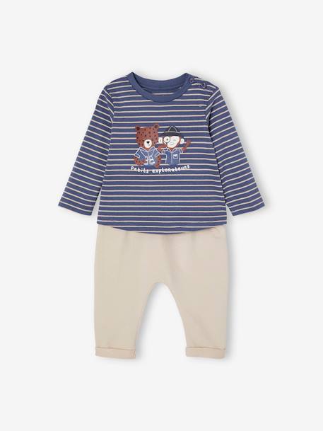 Ensemble T-shirt et pantalon molleton bébé indigo+rayé / caramel 3 - vertbaudet enfant 