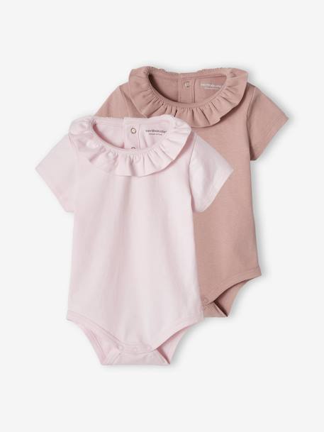 Lot de 2 bodies bébé col fantaisie manches courtes ouverture dos lilas poudré+lot blanc 1 - vertbaudet enfant 