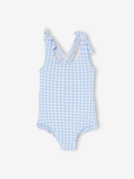 Maillot de bain 1 pièce bébé fille réversible vichy/rayures et fleurs bleu ciel 4 - vertbaudet enfant 