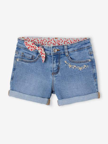 Short en jean brodé fleurs fille noeud imprimé fleurs denim brut+double stone+stone 5 - vertbaudet enfant 