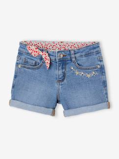 -Short en jean brodé fleurs fille noeud imprimé fleurs