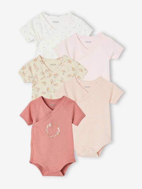 Lot de 5 bodies manches courtes bébé ouverture naissance rose pâle 1 - vertbaudet enfant 