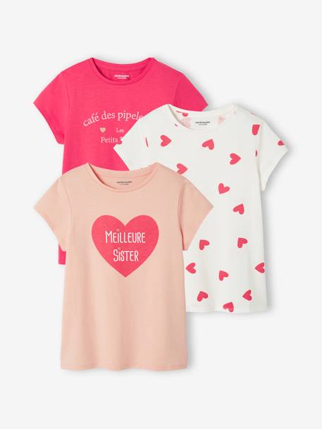 Lot de 3 t-shirts Basics détails irisés fille framboise+jaune pastel+lot camel+lot encre+marine+vert sauge 1 - vertbaudet enfant 