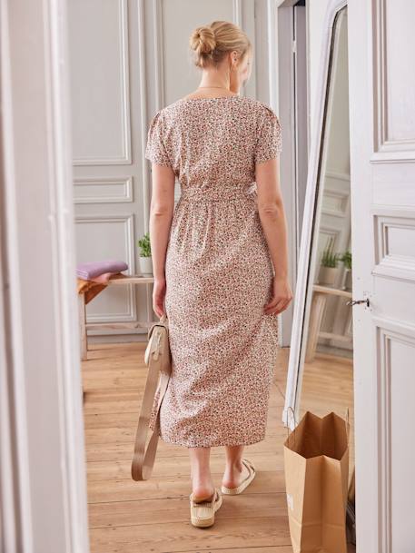 Robe imprimée fleurs avec lien à ceinturer grossesse et allaitement écru+terracotta 5 - vertbaudet enfant 