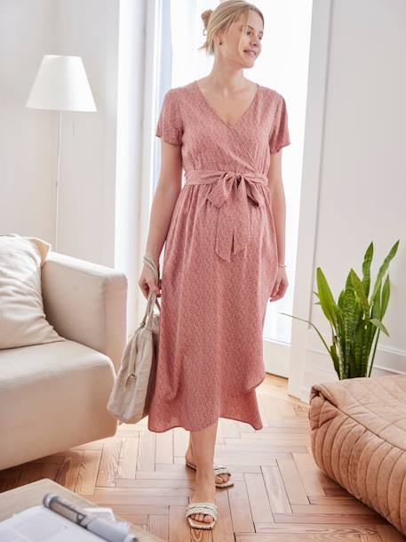 Robe imprimée fleurs avec lien à ceinturer grossesse et allaitement écru+terracotta 8 - vertbaudet enfant 