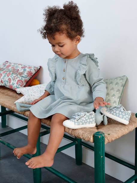 Robe en molleton bébé volant en broderie anglaise bleu grisé+caramel 2 - vertbaudet enfant 