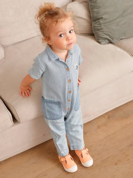 Combinaison manches courtes bébé en denim denim bleached 2 - vertbaudet enfant 