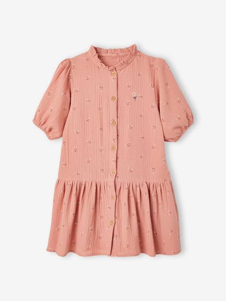 Fille-Robe-Robe boutonnée en gaze de coton fille manches 3/4