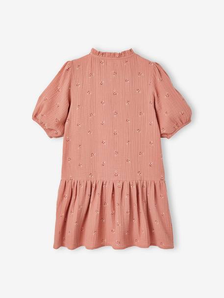 Robe boutonnée en gaze de coton fille manches 3/4 blush+moutarde 2 - vertbaudet enfant 