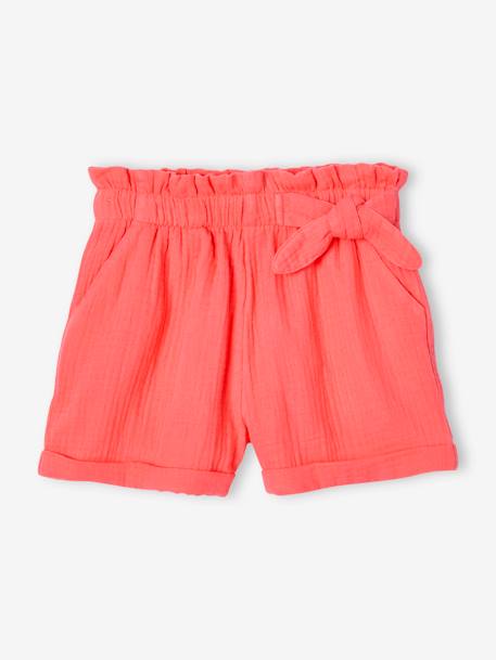 Short en gaze de coton style 'paperbag' fille bleu pâle+corail+vanille 5 - vertbaudet enfant 