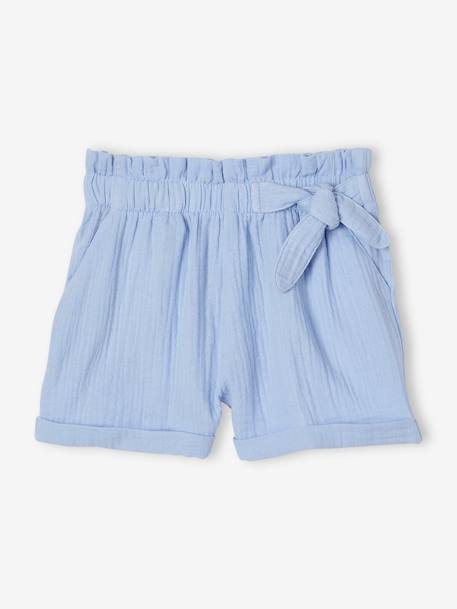 Short en gaze de coton style 'paperbag' fille bleu pâle+corail+vanille 1 - vertbaudet enfant 