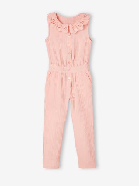 Combinaison longue cérémonie en gaze de coton fille col en broderie anglaise rose pâle 2 - vertbaudet enfant 