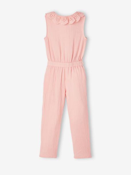 Combinaison longue cérémonie en gaze de coton fille col en broderie anglaise rose pâle+vert sauge 3 - vertbaudet enfant 