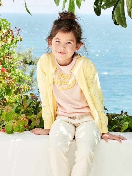 Gilet maille ajourée motifs fleurs fille jaune 3 - vertbaudet enfant 