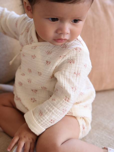 Body fleuri en gaze de coton bébé naissance manches longues écru 6 - vertbaudet enfant 