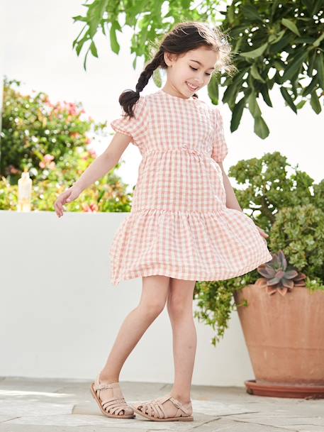 Robe à volant fille manches 3/4 corail+écru 1 - vertbaudet enfant 