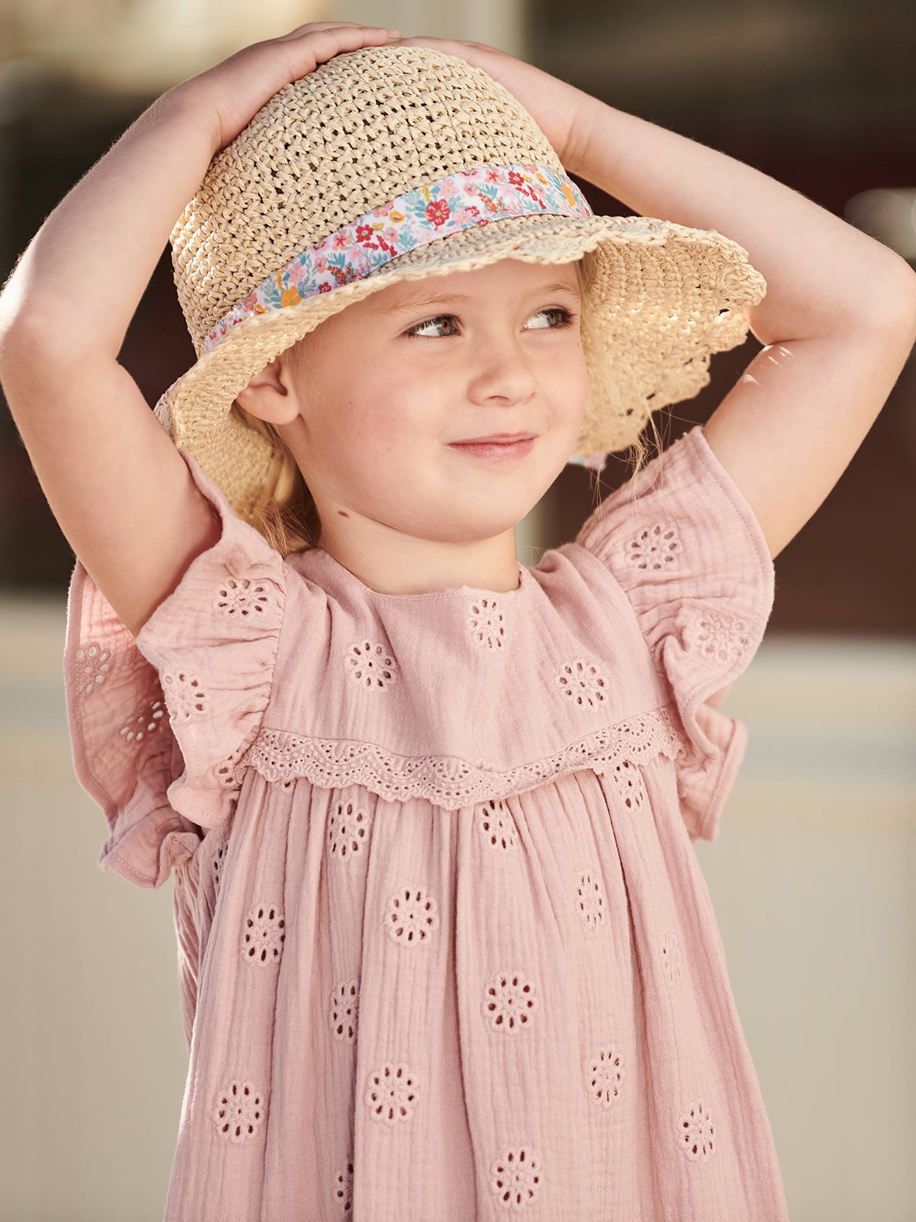 Robe brodée fleurs en gaze de coton fille rose poudré - Vertbaudet