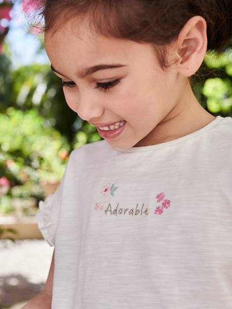 Fille-T-shirt, sous-pull-T-shirt fille brodé "adorable" manches courtes smockées