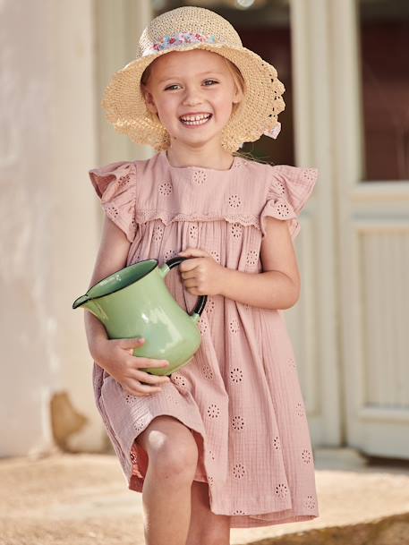 Robe cérémonie en broderie anglaise fille gaze de coton bleu pâle+jaune pastel+rose poudré+vanille 14 - vertbaudet enfant 